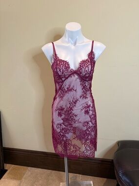 Sheer Lace Chemise Slip Dress - Burgundy